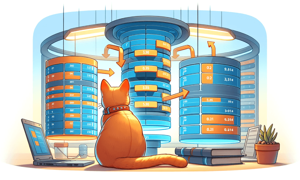 An orange cat is sitting and watching several multi-layer SQL tables merging into a single table.