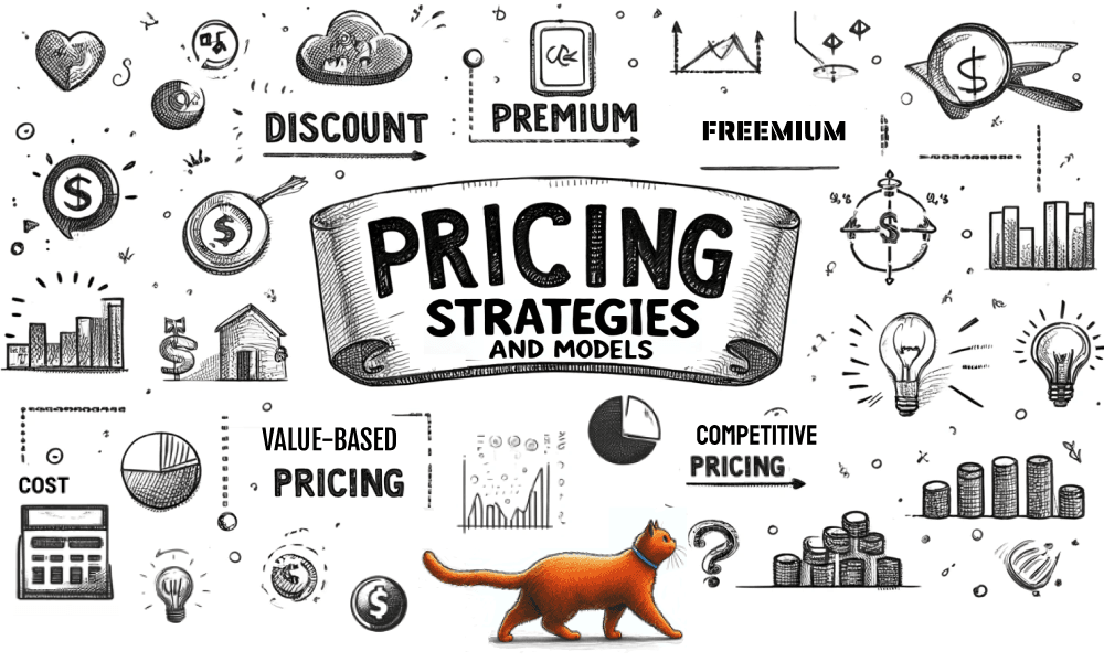 A wide, sketch-style illustration with a banner in the middle that says 'Pricing Strategies and Models' and an orange cat walking beneath the banner.
