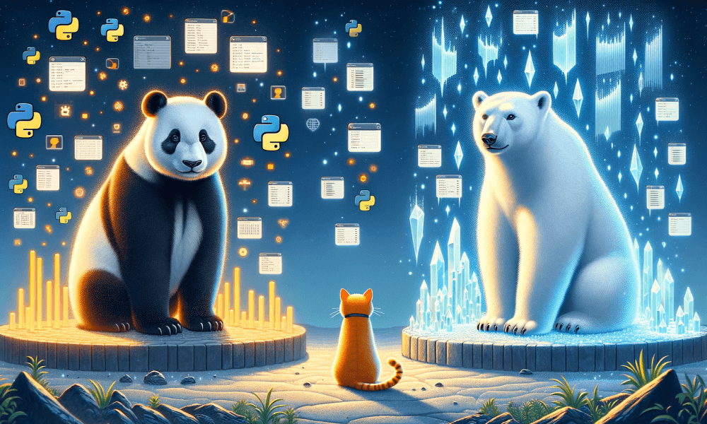 A panda and a polar bear stand on opposite sides, representing the Python libraries 'Pandas' and 'Polars'. An orange cat is sitting between them and looking at them.