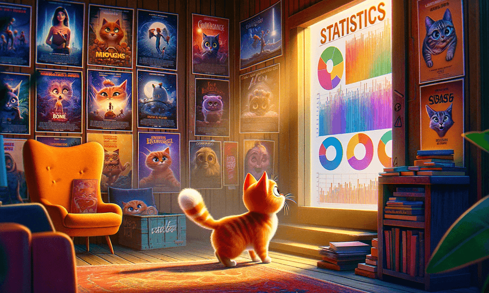 An orange cat exploring the world of statistics. The setting is a cozy, vibrant room filled with movie posters.