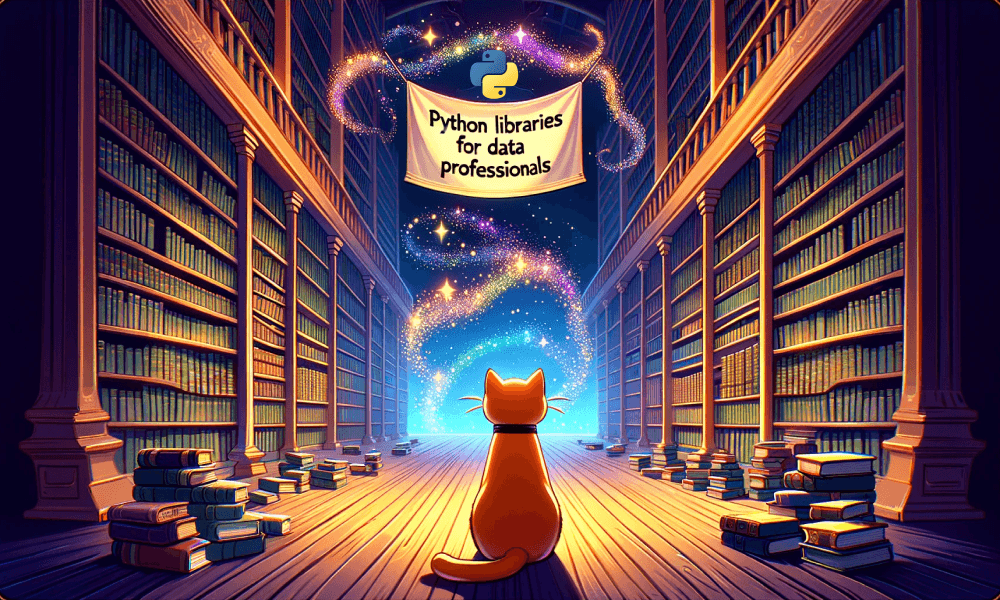 An orange cat is sitting in a library setting with books lining the walls.