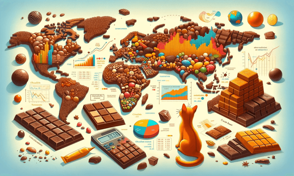 An orange cat is sitting and looking at a world map made of chocolate, with charts and graphs interspersed among the continents.