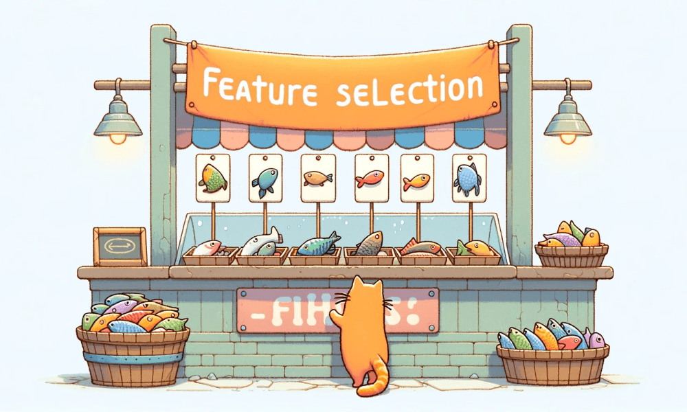 A cat choosing fish in a store named 'Feature Selection.'