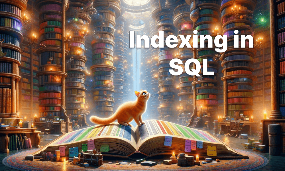 The cat sits on a book with coloured indices and bookmarks and looks up at the words 'Indexing in SQL'.