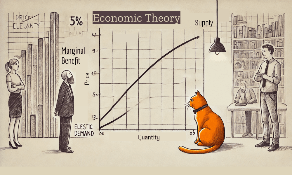 An orange cat sits near a chart, surrounded by economists, charts, and a bookshelf. Everyone is focused on the central chart.