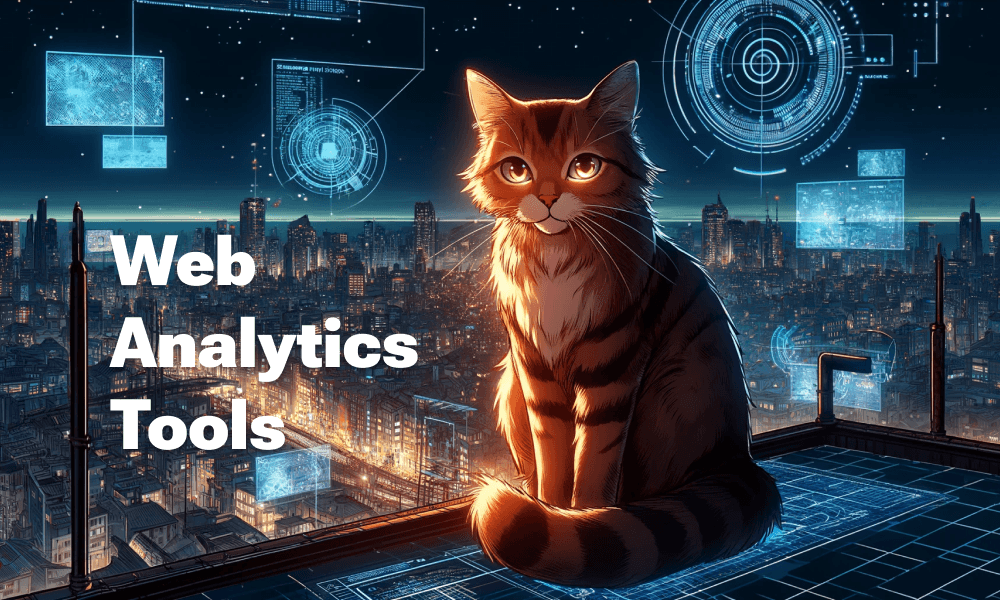 An intelligent cat is sitting on a rooftop with the night city and elements of web analytics in the background.