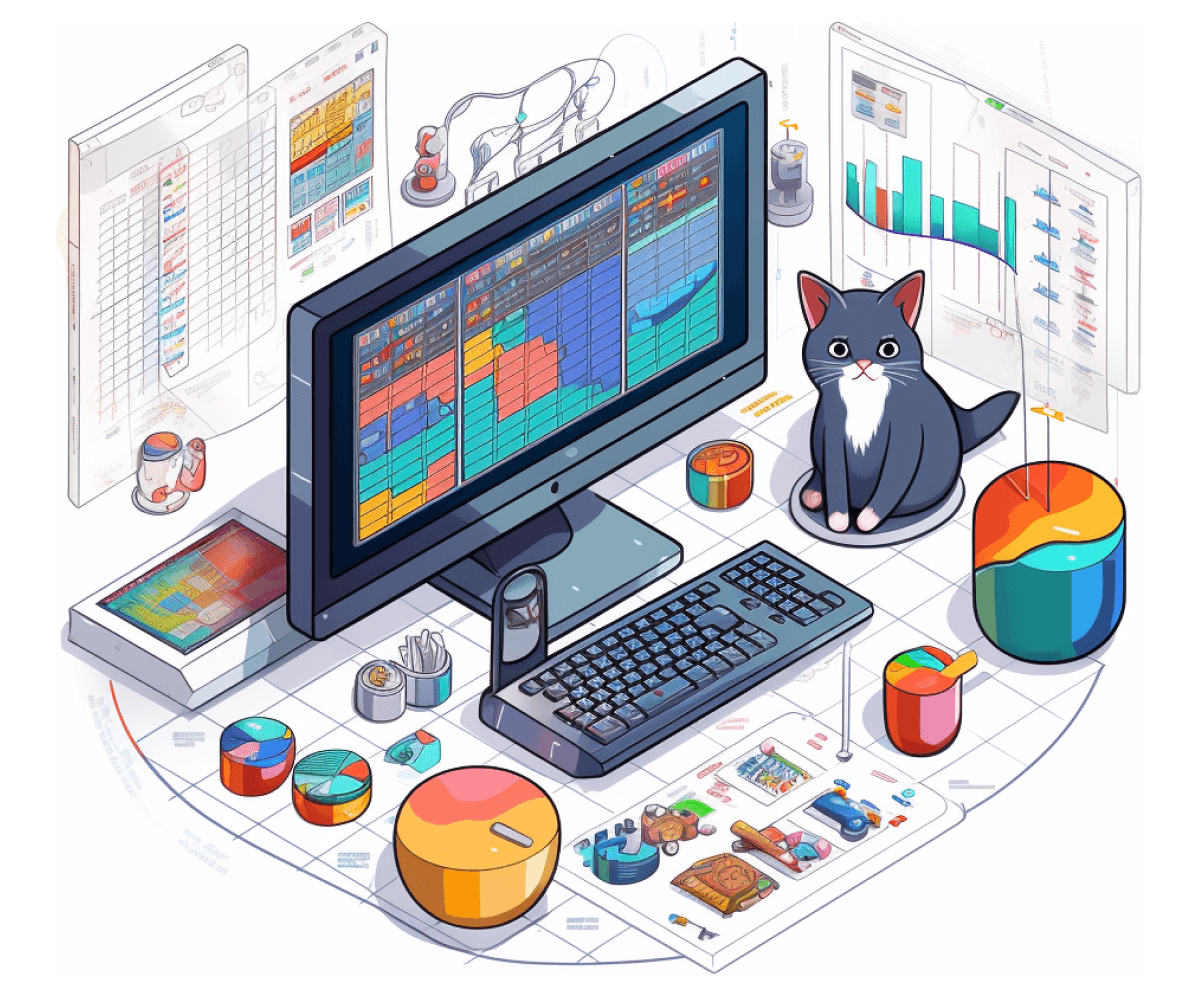 A cat sitting next to a computer with data graphs around