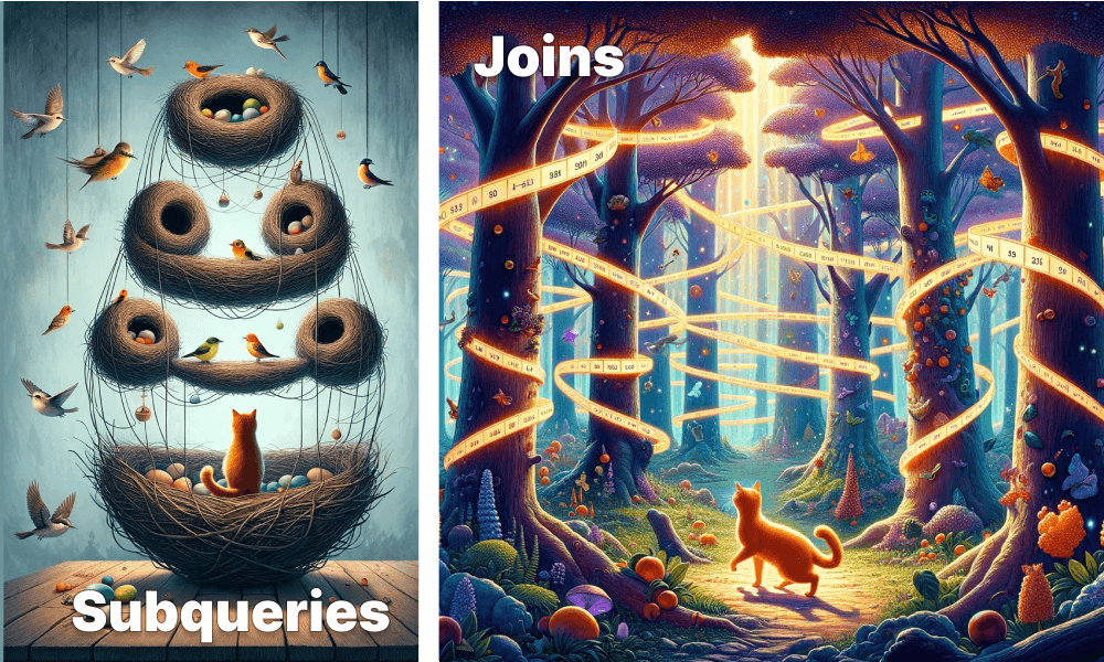 An orange cat is looking at a nested birds' nest in the first part of the image. In the second part, it is walking through a magical forest where the trees are connected by magical tapes.