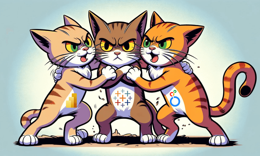 The three cats, representing Power BI, Tableau and Looker, are fighting each other.