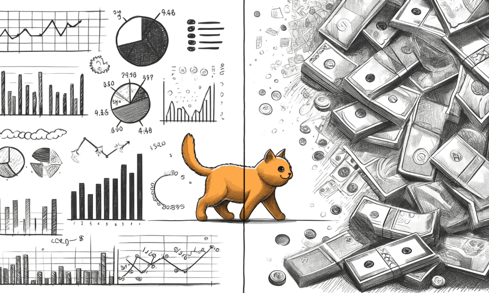 An orange cat is moving from an area with various charts to a second area with money.